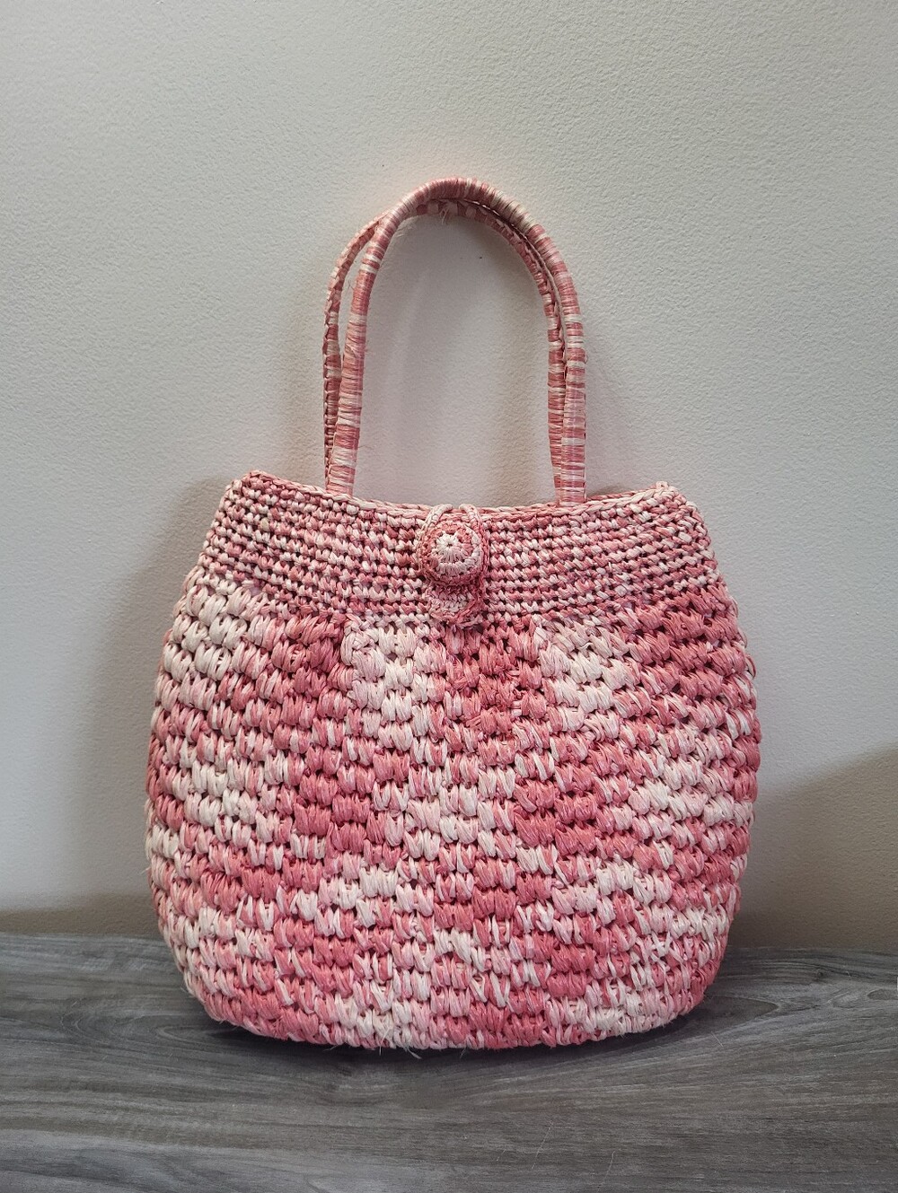 Vintage Woven Raffia Top Handle Tote Pink Japan MCM
